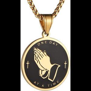 Serenity Prayer Cross Stainless Steel Pendant Necklace Praying Hands Coin Medal